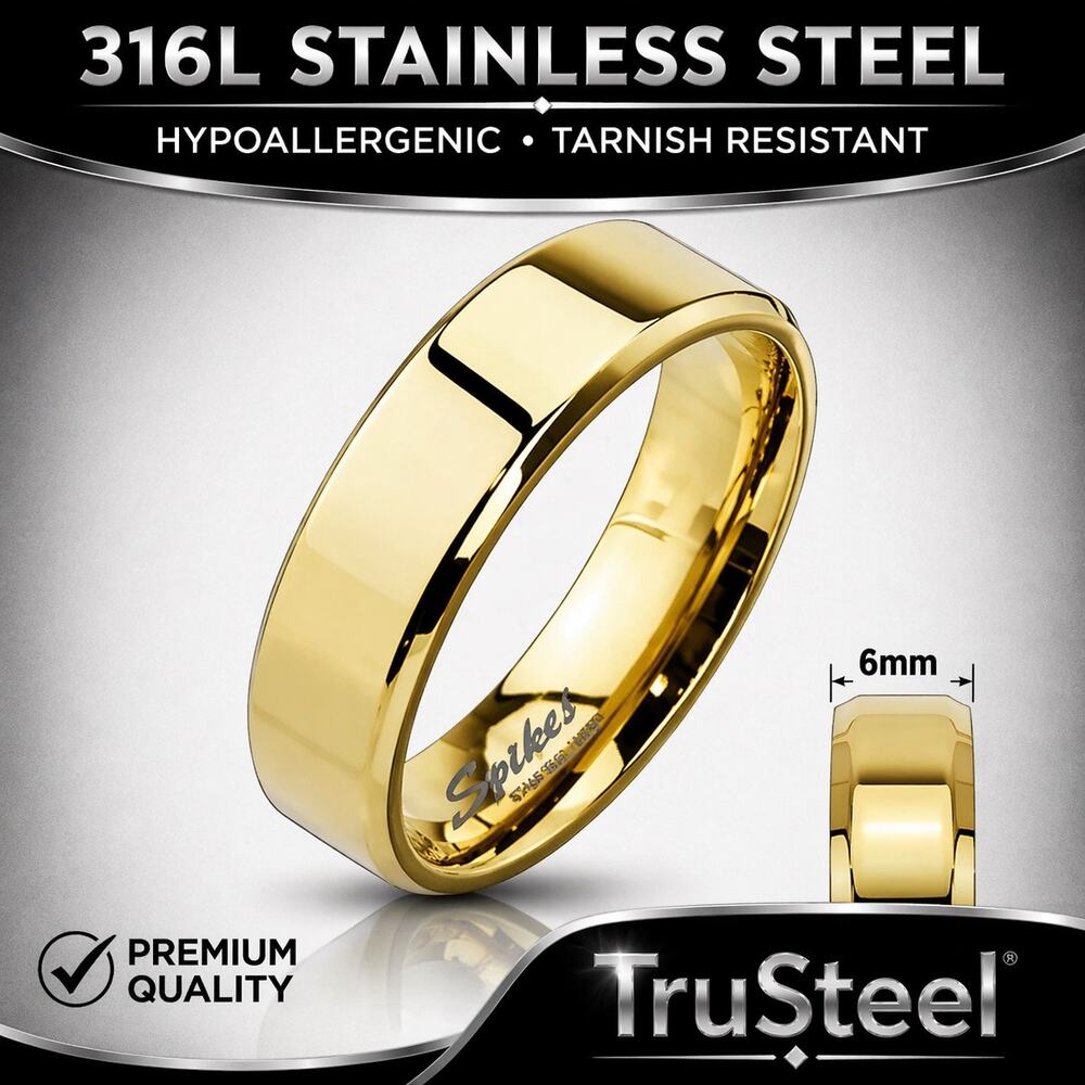 Beveled Edge Flat Band Gold IP Over Stainless Steel Ring 6mm width size  5